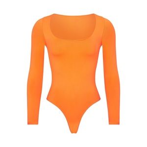 SKIMS light essential long sleeve scoop neck bodysuit - highlighter orange